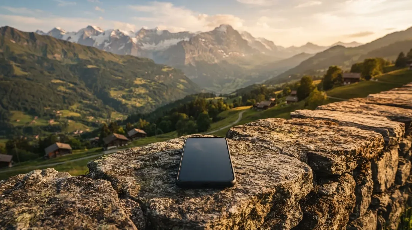 Ein Smartphone mit dunklem Display liegt auf einer Steinmauer, dahinter ein Alpental im Abendlicht