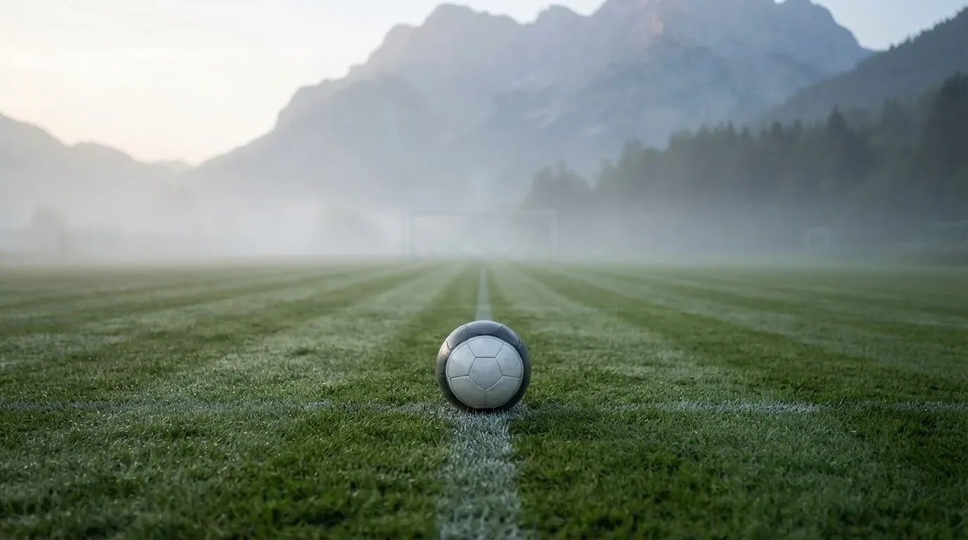 Ein einzelner Fussball auf dem Mittelpunkt eines leeren Rasens im Morgennebel, hinter dem Tor ragen Berge auf