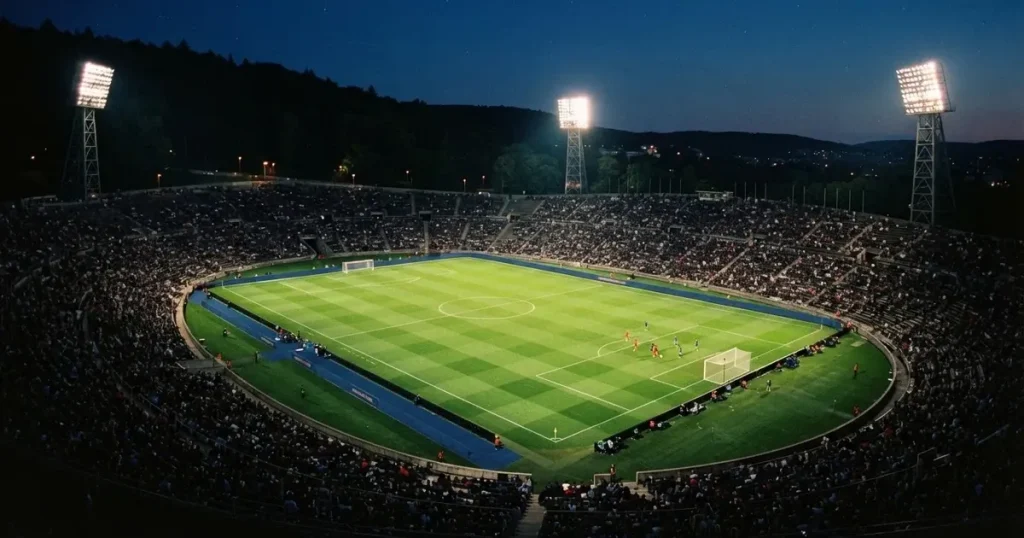 Ein Fussballstadion bei Flutlicht von einer Anhöhe aus gesehen, der Rasen leuchtet grün unter dunklem Abendhimmel