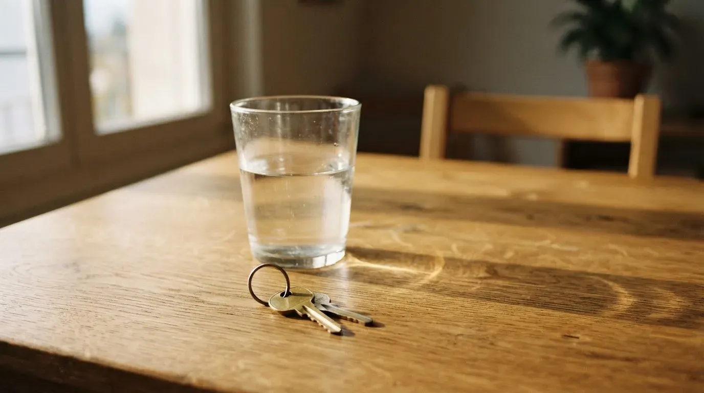 Ein Schlüsselbund und ein Glas Wasser stehen auf einem Holztisch im Licht eines Fensters