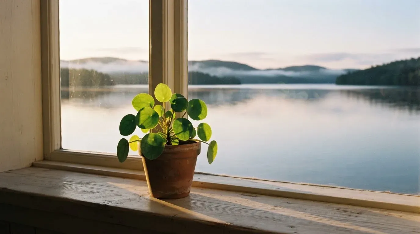 Eine Topfpflanze auf einem Fensterbrett mit weitem Blick über einen stillen See am Morgen