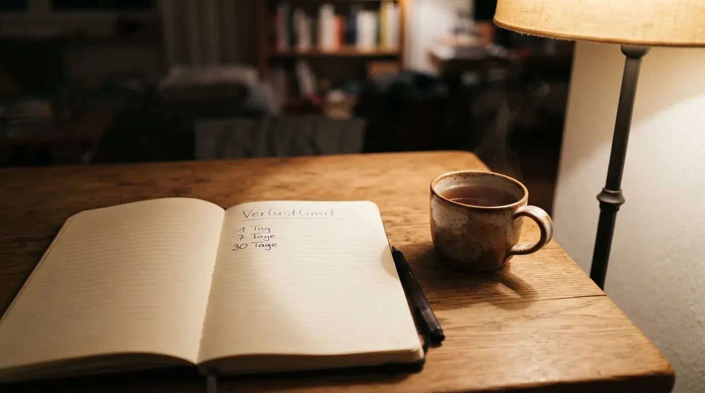 Ein Notizbuch mit handschriftlichen Einträgen und eine Tasse Tee stehen auf einem Tisch neben einer Stehlampe