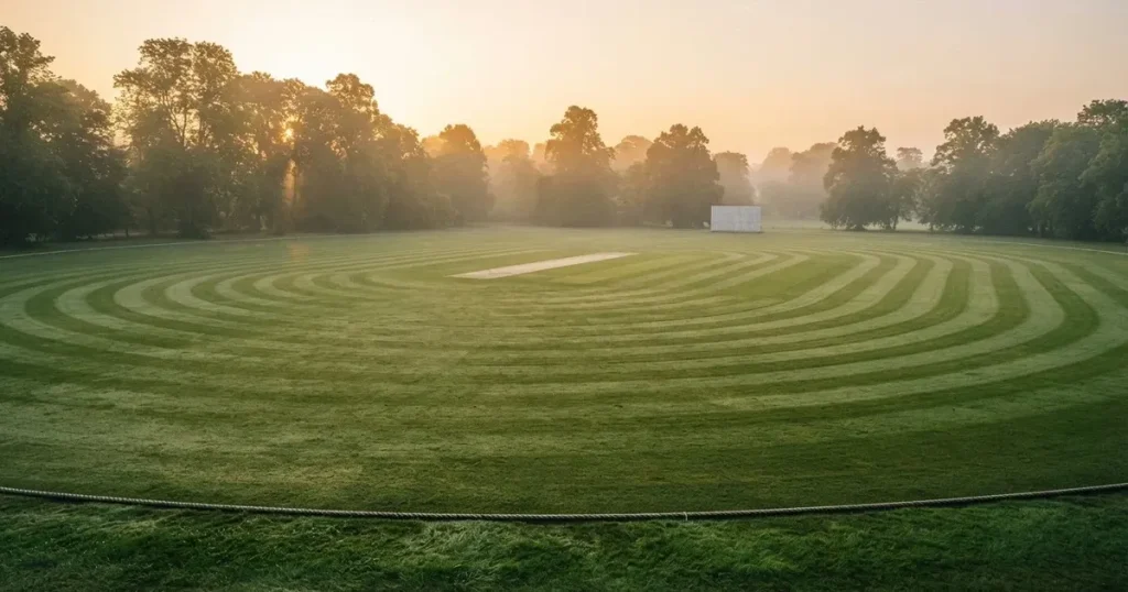 Ein ovales Cricketfeld mit gemähtem Rasen und hellem Mittelstreifen am frühen Morgen, Nebel zwischen den Bäumen am Rand