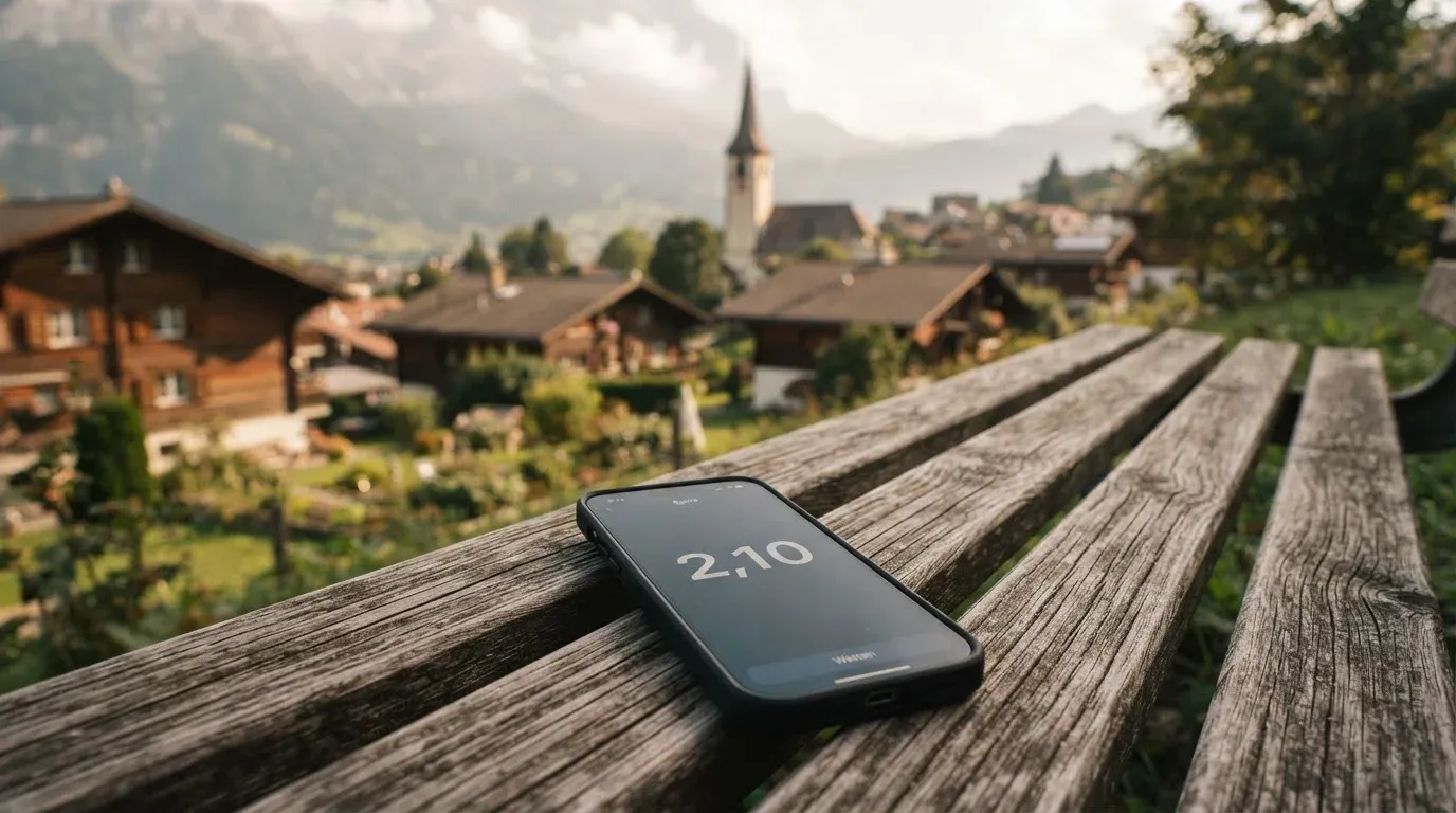 Ein Smartphone mit dunklem Display liegt auf einer Parkbank, dahinter ein Schweizer Dorf mit Kirchturm im Dunst