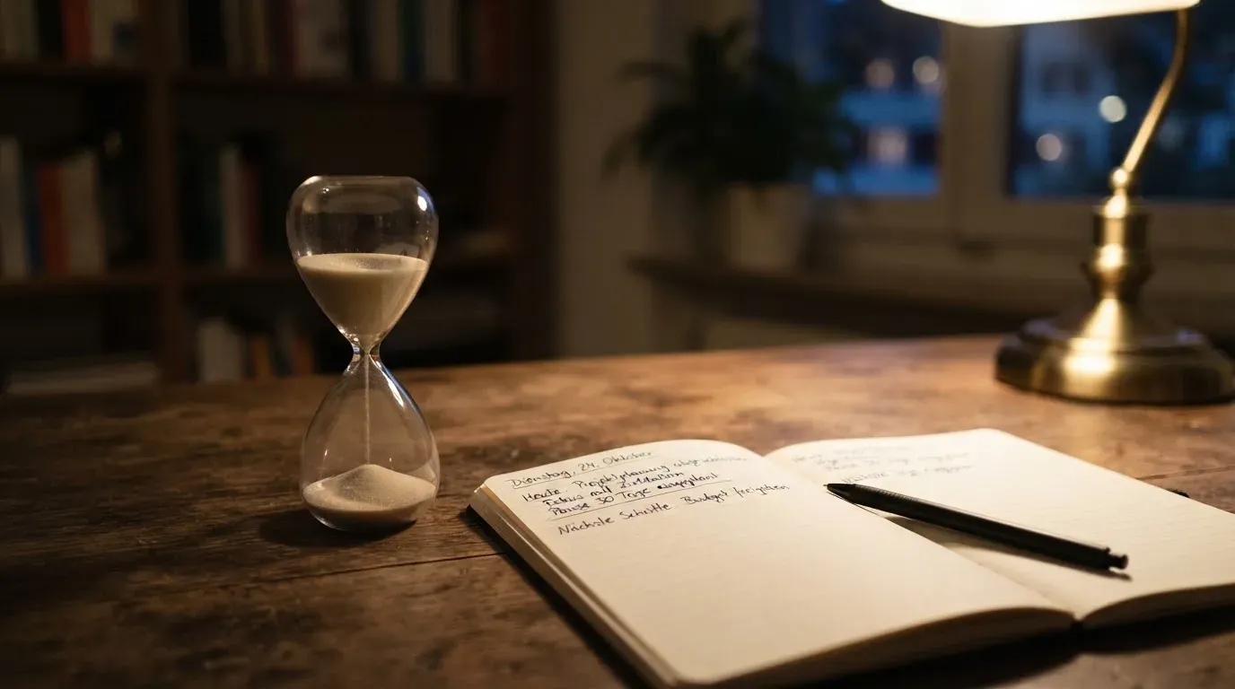 Eine Sanduhr steht auf einem Schreibtisch neben einem Notizbuch mit handschriftlichen Einträgen im Licht einer Lampe