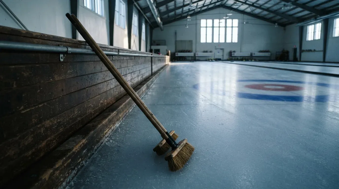 Zwei Curlingbesen lehnen an einer Bande am Rand einer leeren Eisfläche, kaltes Licht fällt durch hohe Fenster