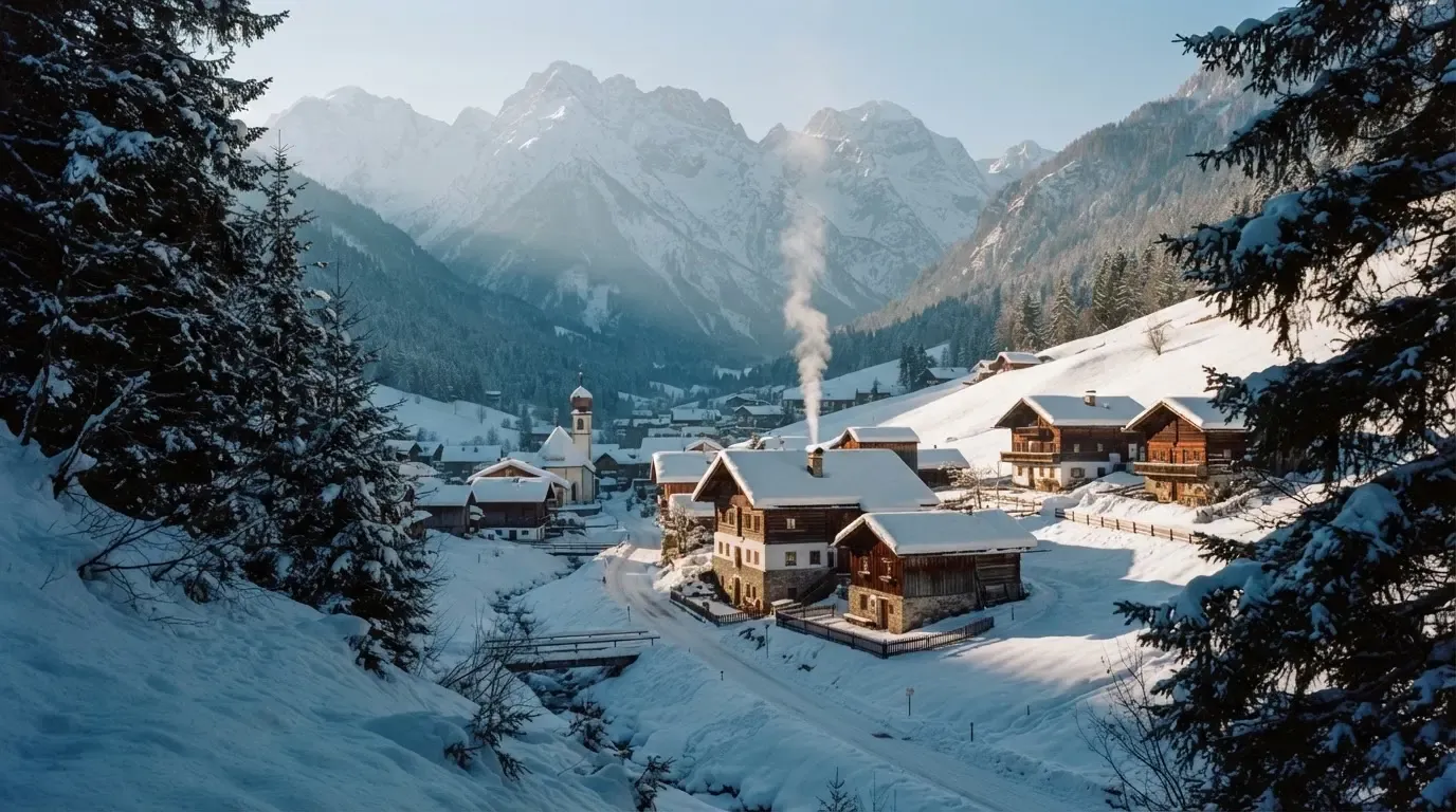 Ein Bergdorf im Schnee am Morgen aus der Ferne gesehen, aus einem Kamin steigt Rauch auf