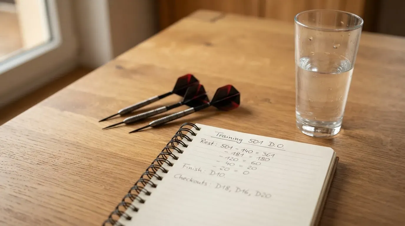 Drei Dartpfeile liegen auf einer Holzfläche neben einem Notizblock mit handschriftlichen Zahlen und einem Glas Wasser