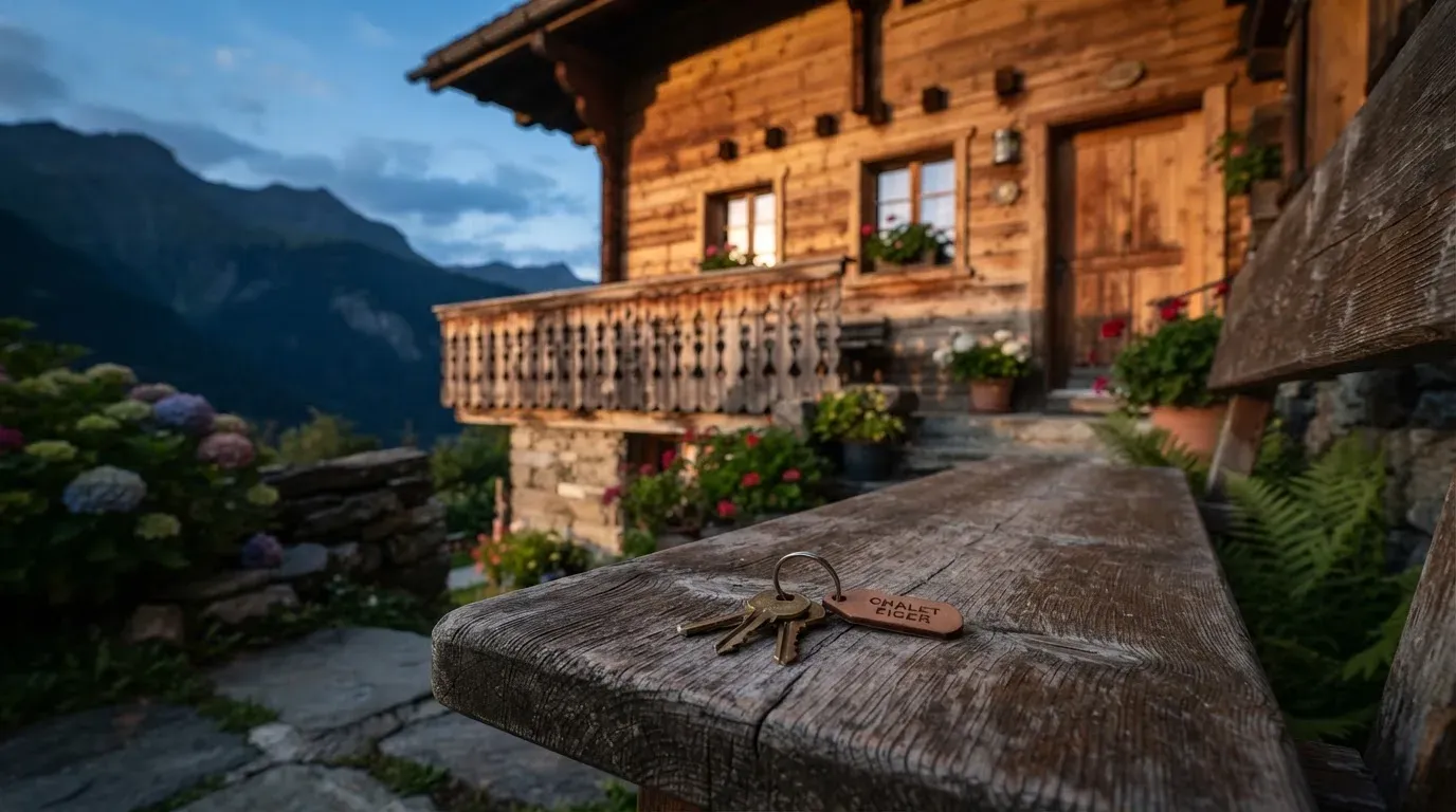 Eine Holzbank steht vor einem Chalet im Abendlicht, ein Schlüsselbund liegt darauf