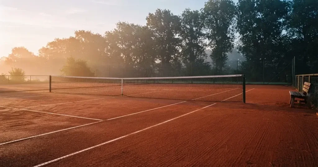 Ein Tennisplatz aus Sand bei Sonnenaufgang mit gespanntem Netz, Nebel zwischen den Bäumen am Rand