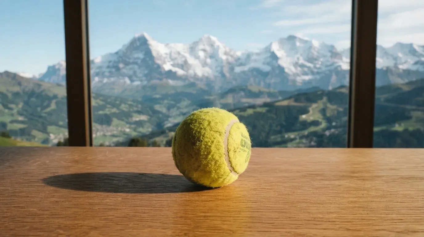Ein einzelner gelber Tennisball liegt auf einem Holztisch vor einem Fenster mit Alpenblick