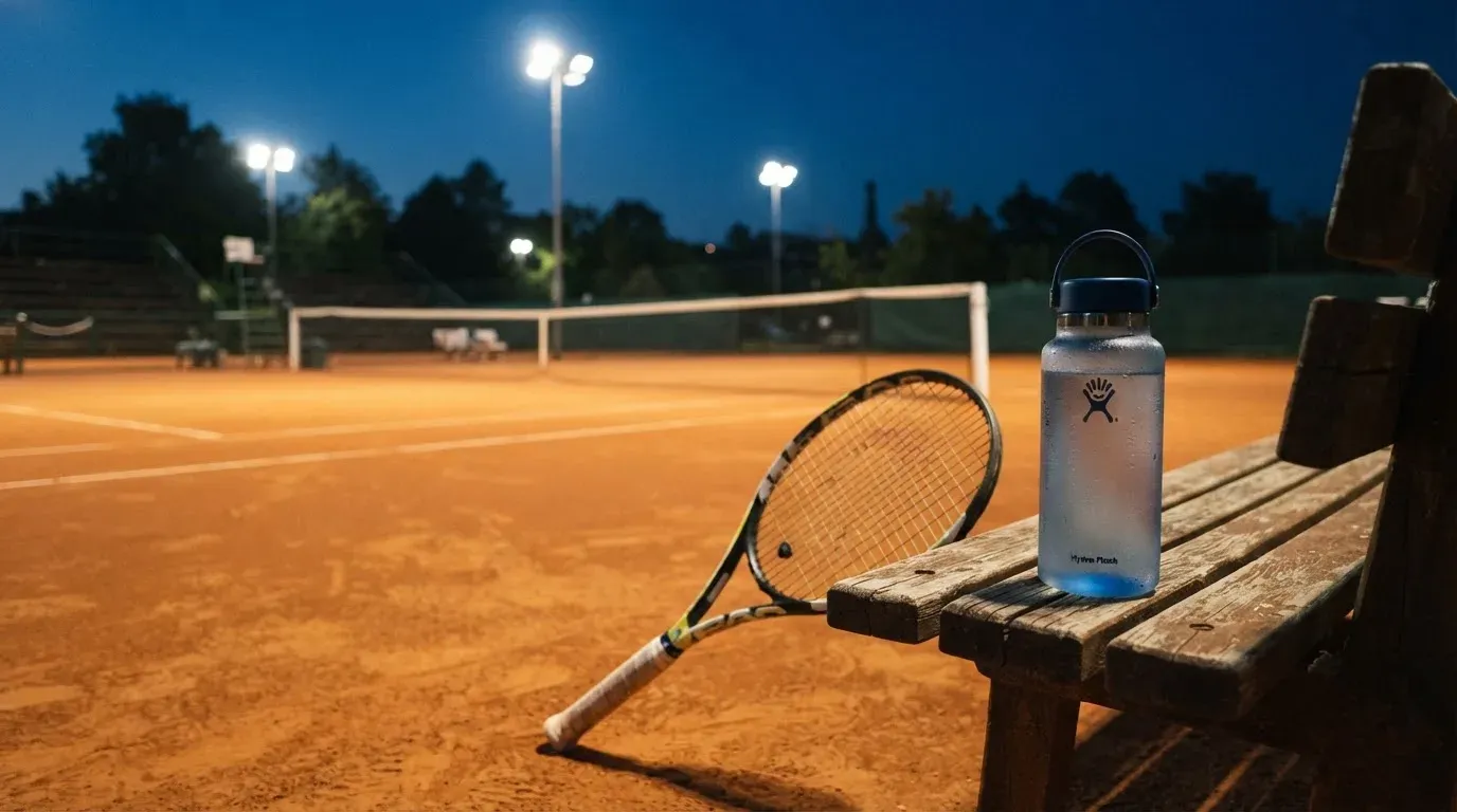 Ein Tennisschläger lehnt an einer Bank neben einer Wasserflasche, am Abend ruht der Platz im Flutlicht, aus der Ferne gesehen