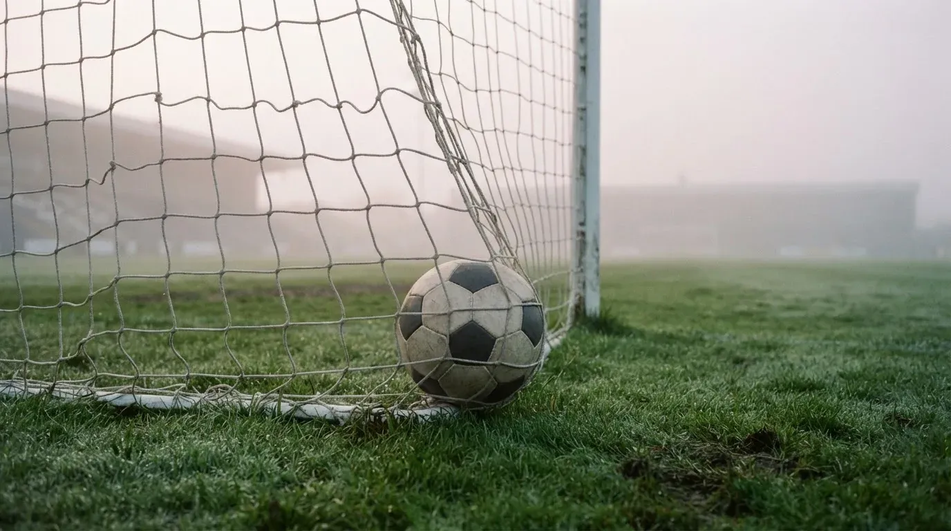 Ein Fussball liegt im Netz hinter einem Tor, weicher Morgennebel hängt über dem Rasen