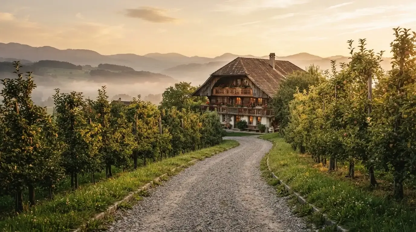 Ein Kiesweg führt durch einen Obstgarten zu einem Bauernhaus mit Holzbalkon, über dem Tal liegt Abendlicht