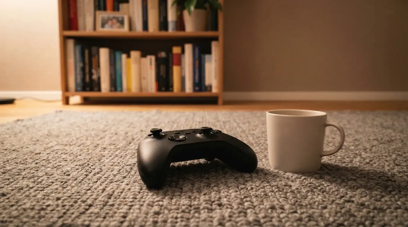 Ein Spielcontroller liegt auf einem Teppich neben einer Tasse, im Hintergrund ein Regal mit Büchern