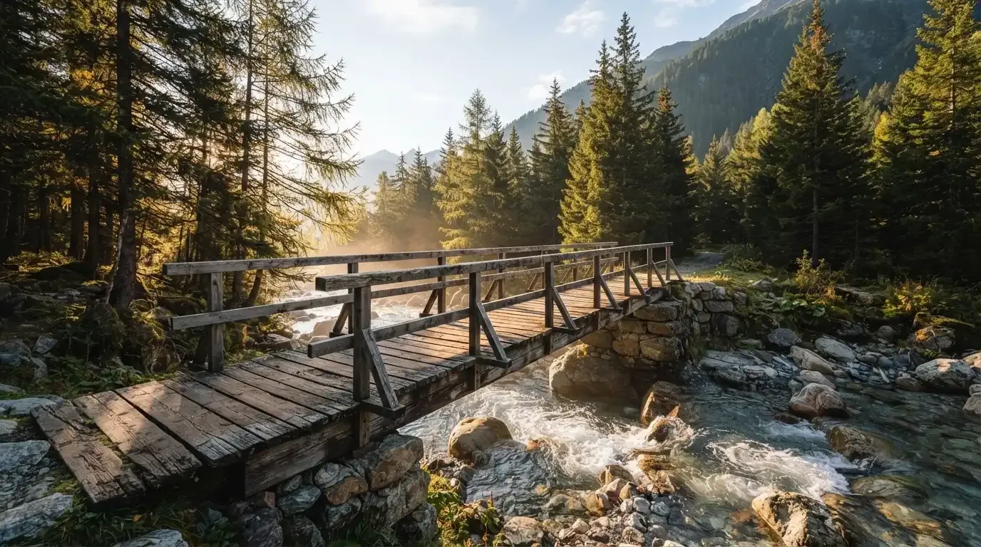 Eine alte Holzbrücke führt über einen Bergbach im Morgenlicht, Tannen säumen das Ufer