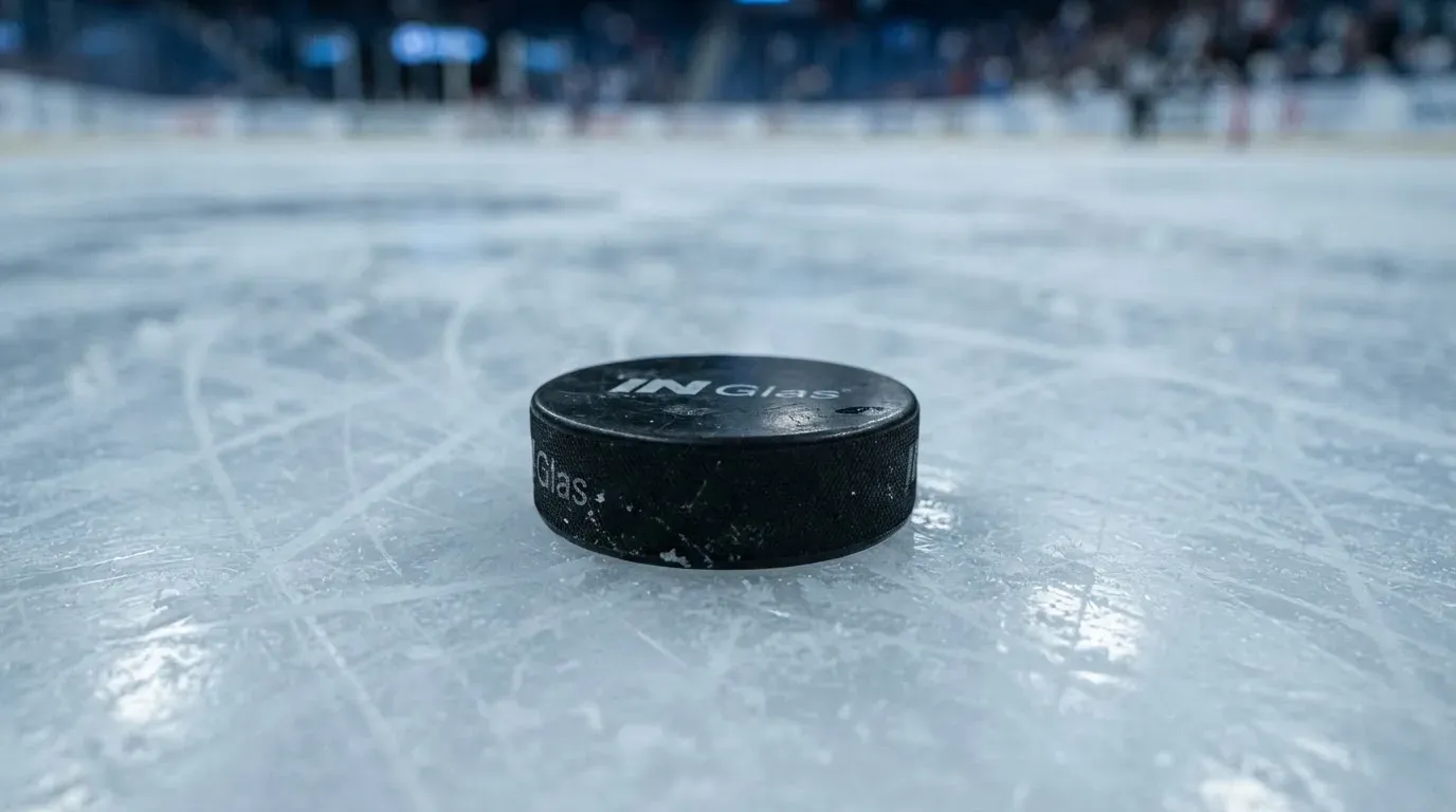 Ein Eishockeypuck liegt auf einer Eisfläche mit Kratzspuren, Nahaufnahme mit kühlen Reflexen