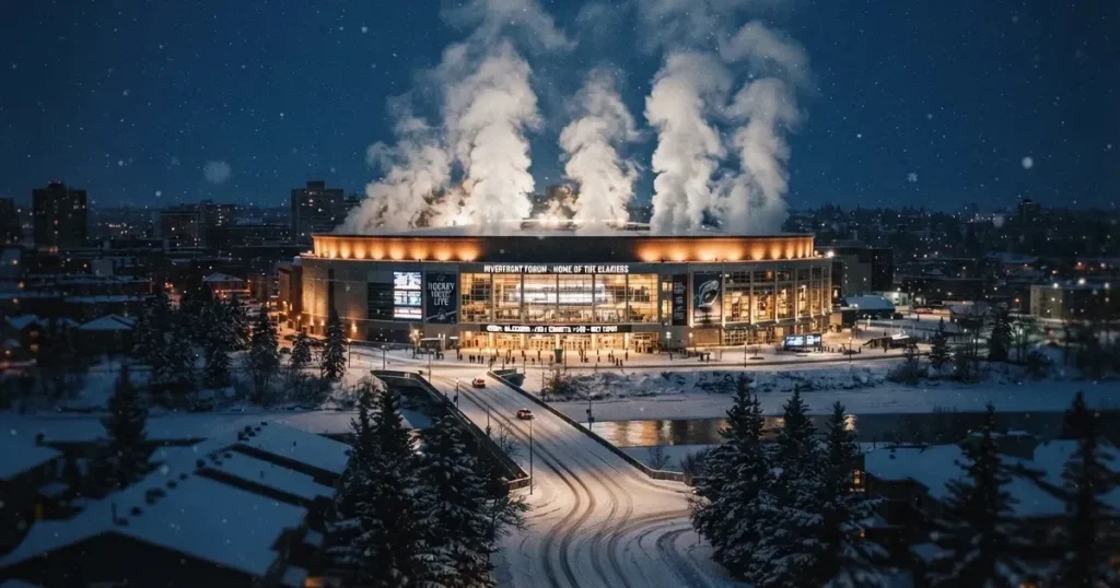 Eine Eishalle von weitem unter Flutlicht in einer verschneiten Stadtlandschaft, Dampf steigt vom Dach auf