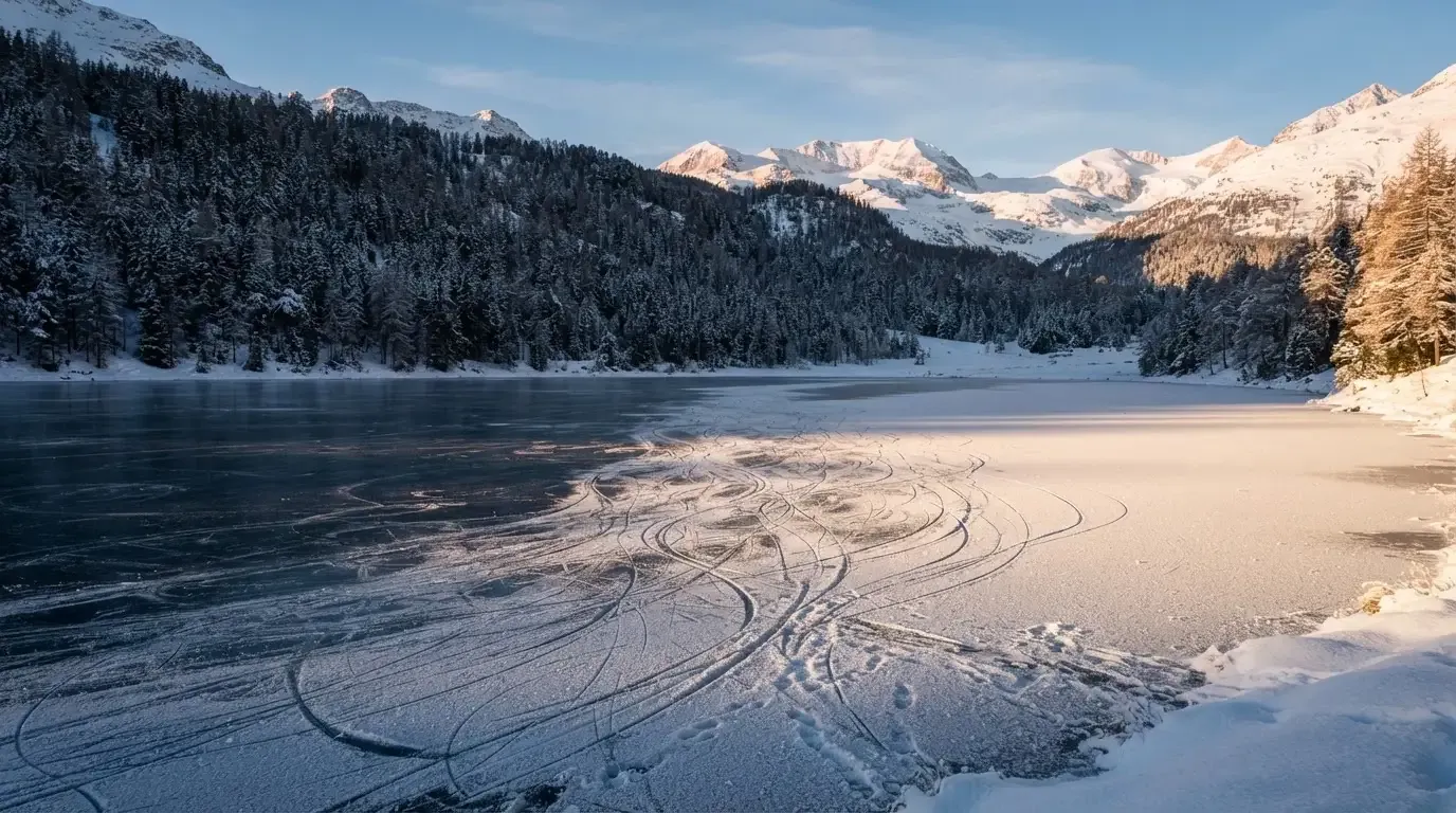 Ein zugefrorener Bergsee mit Spuren von Schlittschuhen am Morgen, dahinter ein verschneiter Wald