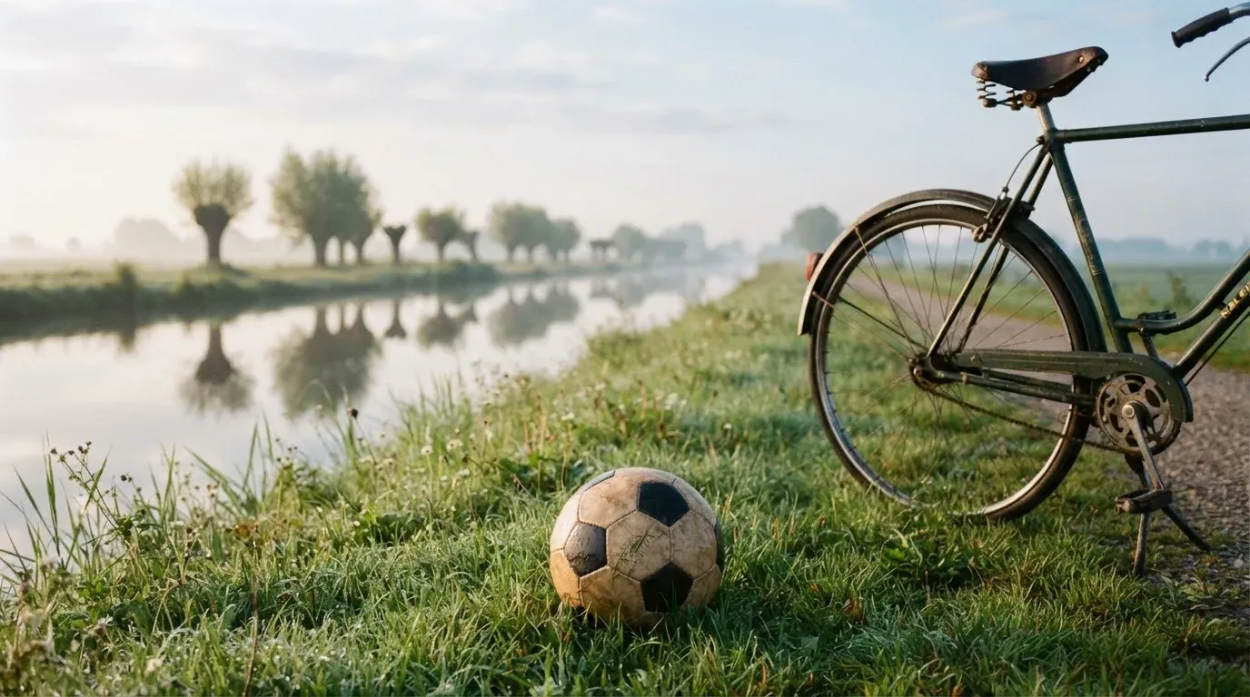 Ein Fussball liegt auf einer Wiese neben einem Fahrrad, im Hintergrund ein Kanal im Morgenlicht