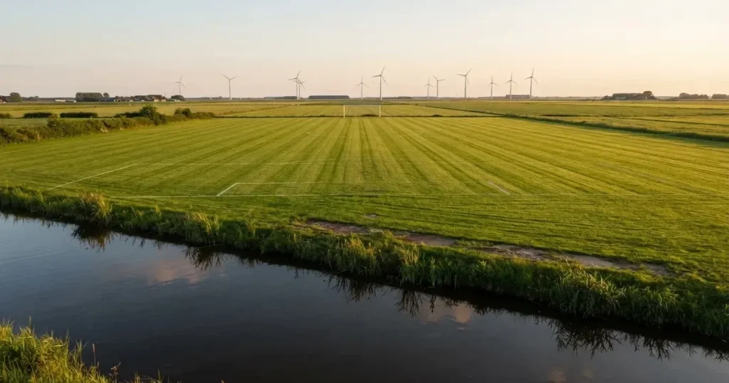 Ein Fussballplatz neben einem Kanal in flachem Land mit Windrädern am Horizont, Abendlicht liegt über dem Rasen