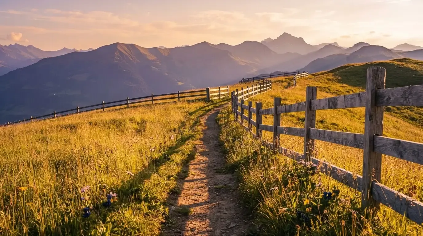 Ein Wanderweg führt durch eine Almwiese im Sonnenuntergang, am Wegrand steht ein Holzzaun