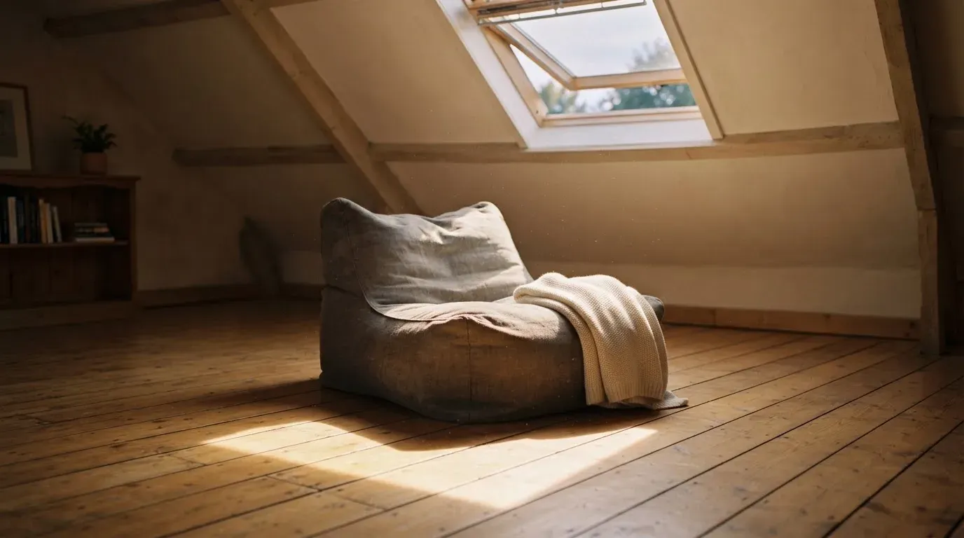 Ein leerer Sitzsack steht in einem Zimmer mit Dachfenster, Abendlicht fällt auf den Holzboden
