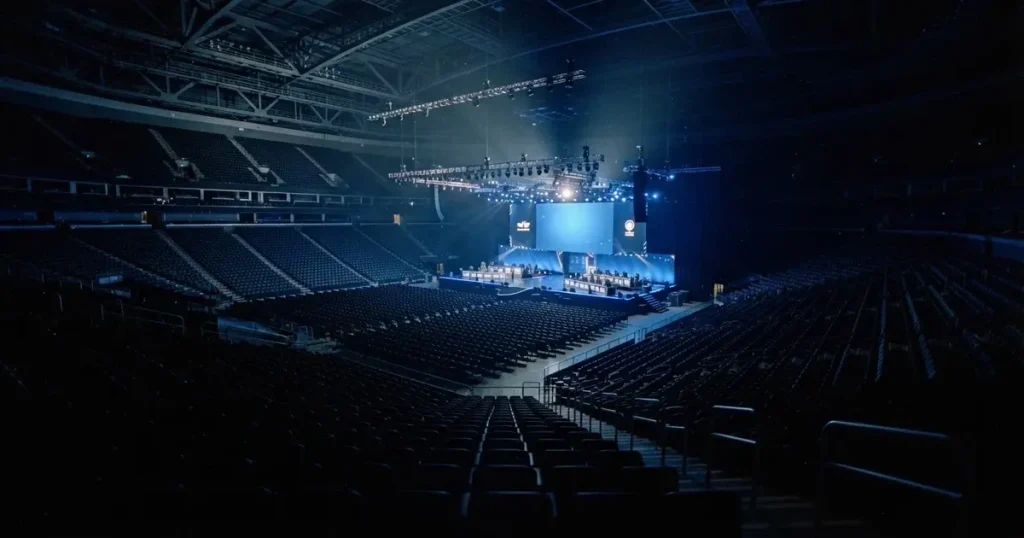 Eine grosse leere Arena mit Bühne und blauem Licht von weitem gesehen, Stuhlreihen liegen im Dunkeln