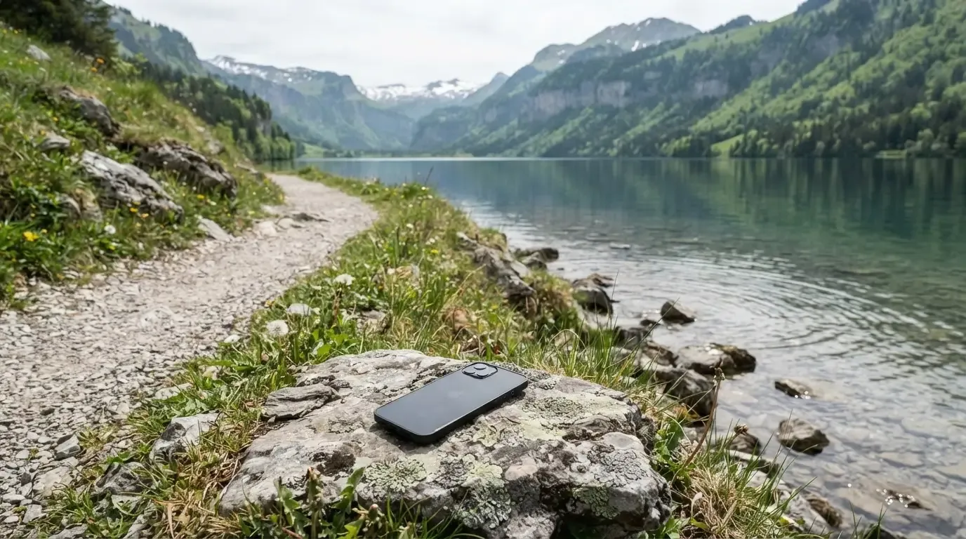 Ein schmaler Wanderweg führt am Seeufer entlang, auf einem Stein liegt ein Smartphone mit dunklem Display