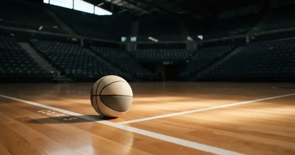 Ein Basketball liegt auf dem hellen Parkett einer leeren Halle, im Hintergrund steigen die Tribünenreihen im Halbdunkel an.