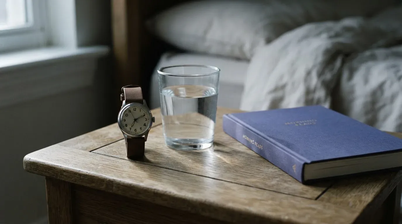 Eine Armbanduhr und ein Wasserglas stehen auf einem Nachttisch im ersten Morgenlicht, daneben ein zugeklapptes Buch.