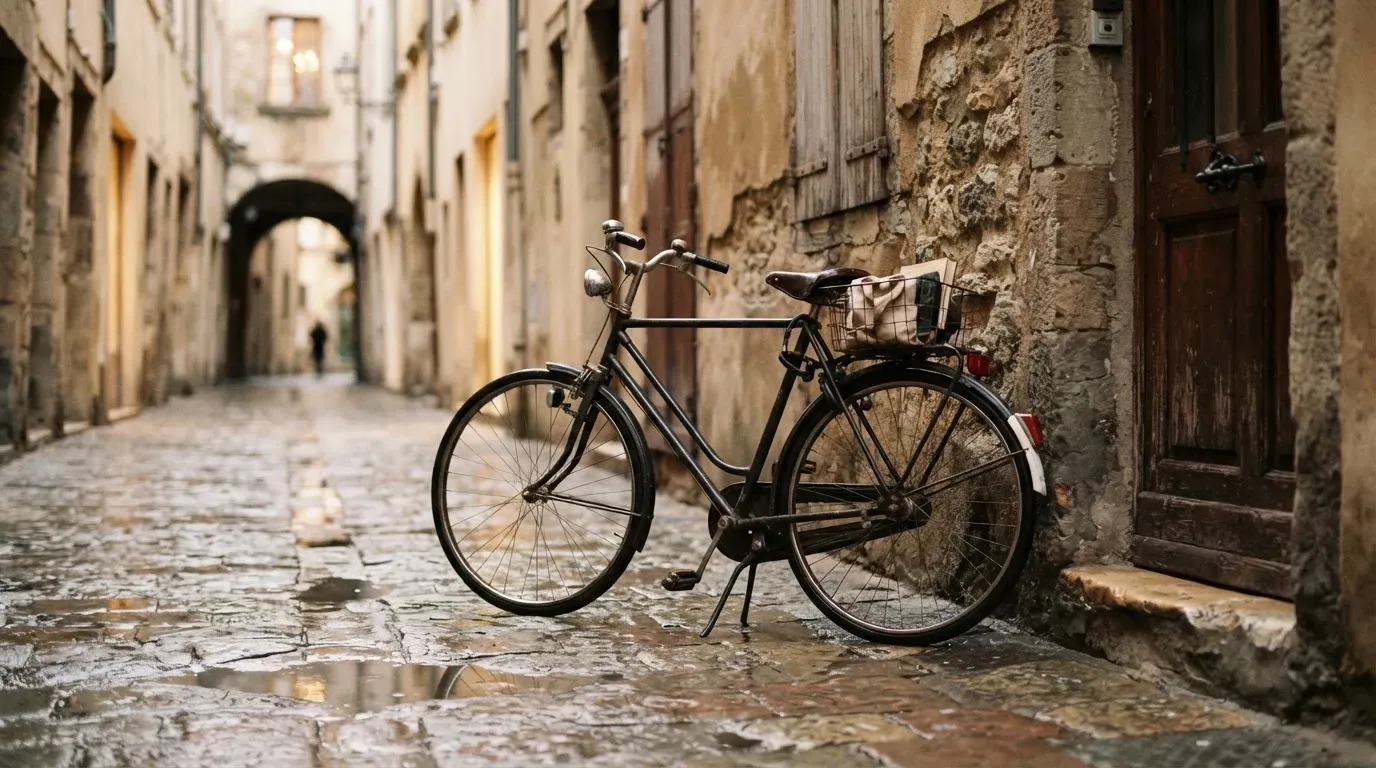 Ein Fahrrad lehnt an einer Mauer in einer Altstadtgasse, das Kopfsteinpflaster glänzt nass nach dem Regen.
