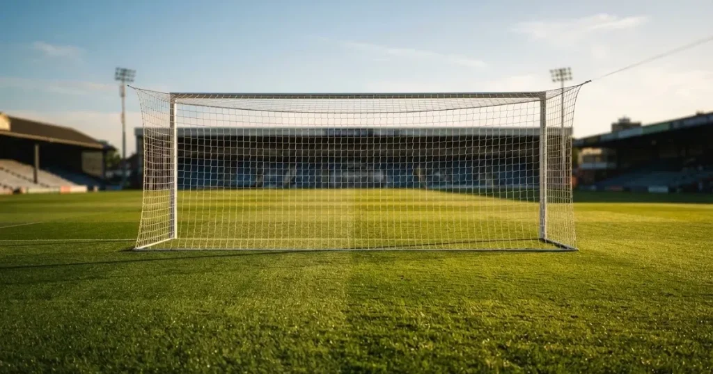 Ein Fussballtor mit weissem Netz steht auf frisch gemähtem Rasen, die hellen und dunklen Streifen im Gras leuchten im Gegenlicht.