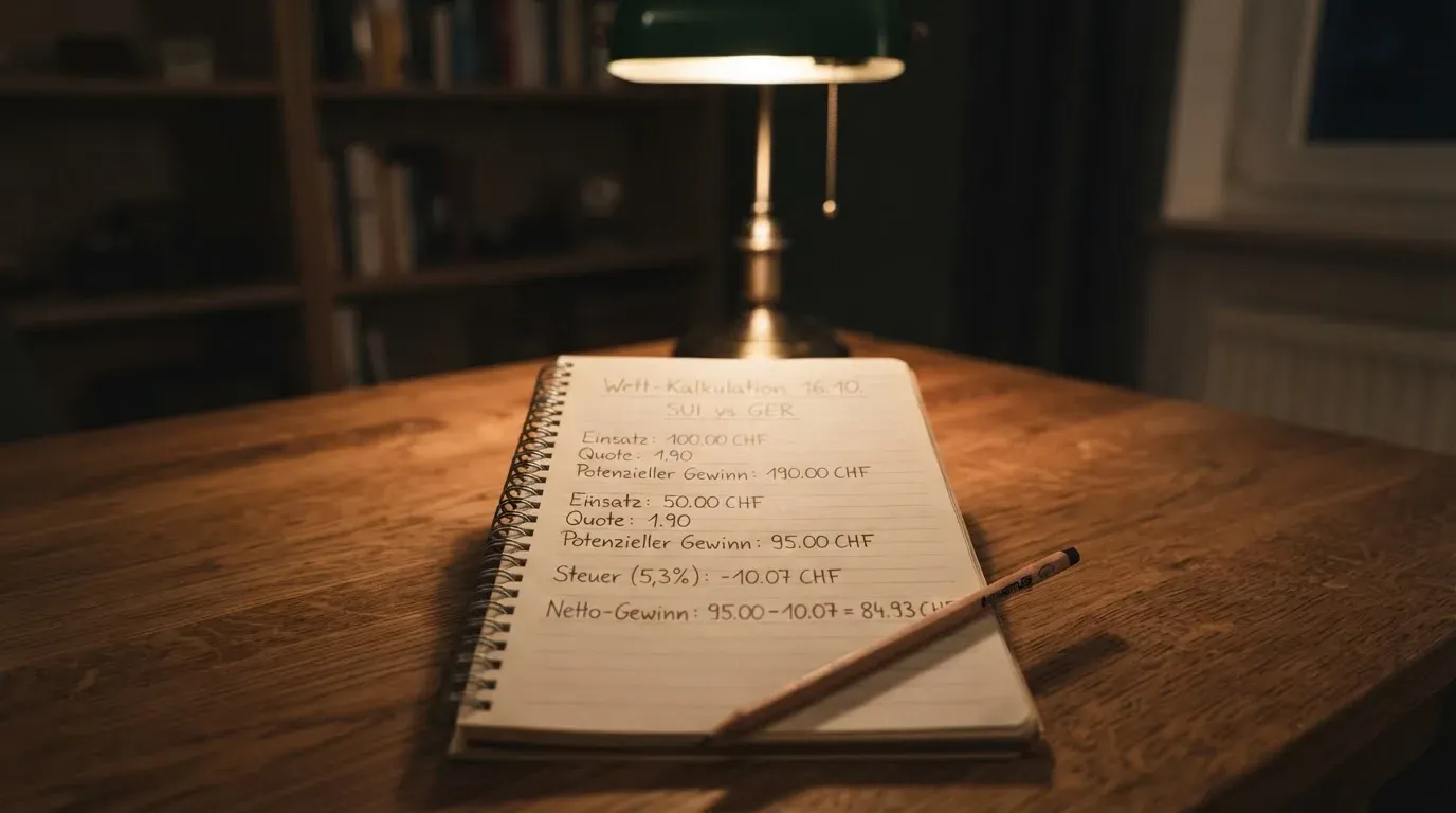 Ein Taschenrechner und ein Bleistift liegen auf einem leeren Schreibtisch unter einer Leselampe, der Raum ist still.