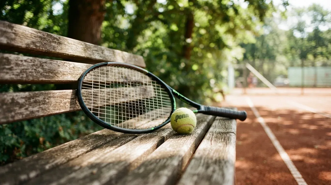 Ein Tennisball und ein Schläger ruhen auf einer Holzbank am Spielfeldrand, im Hintergrund hohe Bäume im Sommerlicht.