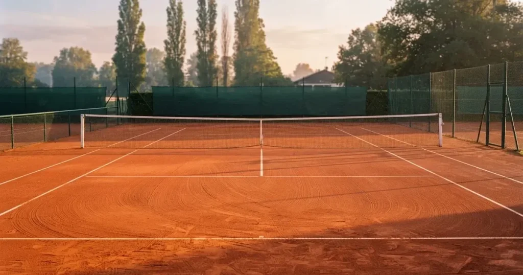 Ein Tennisplatz aus rotem Sand liegt im ersten Licht des Morgens, das Netz hängt still und die Linien sind frisch gezogen.