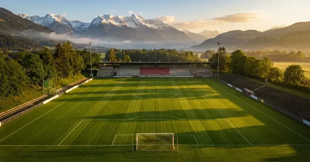 Ein Fussballplatz aus der Vogelperspektive mit sauberen Linien auf dichtem Rasen, in der Ferne verschneite Berge.