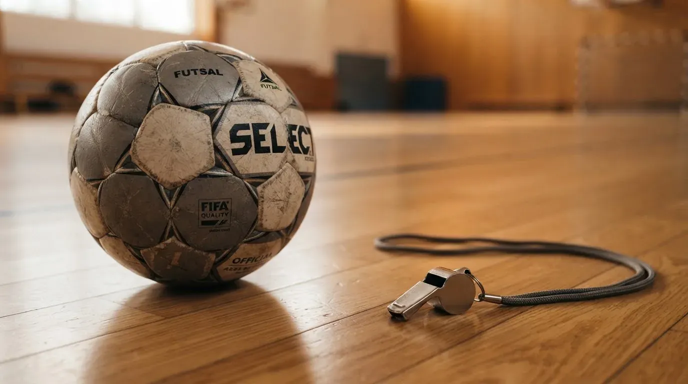 Ein kleiner, schwerer Ball liegt auf glattem Hallenparkett neben einer Trillerpfeife an einer Schnur.