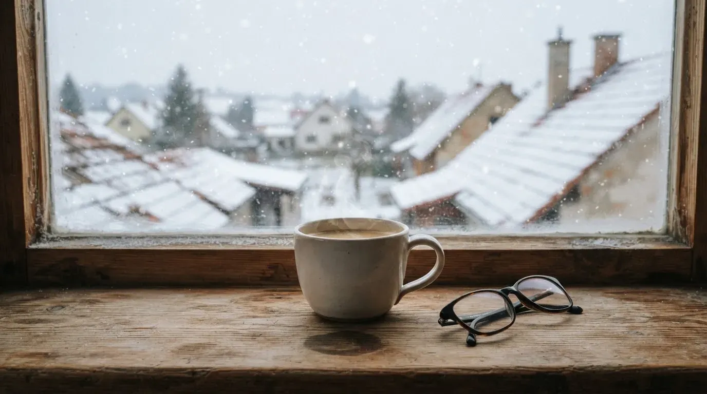 Eine Kaffeetasse und eine Brille stehen auf einem Fensterbrett, draussen fällt Schnee auf ein Dach.