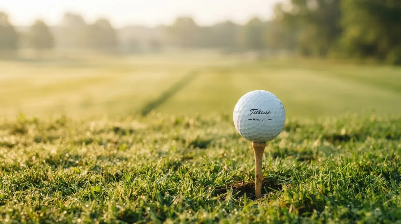 Ein Golfball liegt auf einem Holztee im Gras, scharf im Vordergrund, dahinter verschwimmt eine weite Wiese.