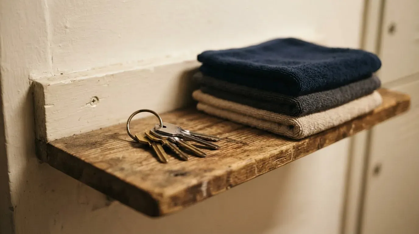 Ein Schlüsselbund liegt auf einem Holzregal neben einem Stapel gefalteter Handtücher, das Licht ist warm.