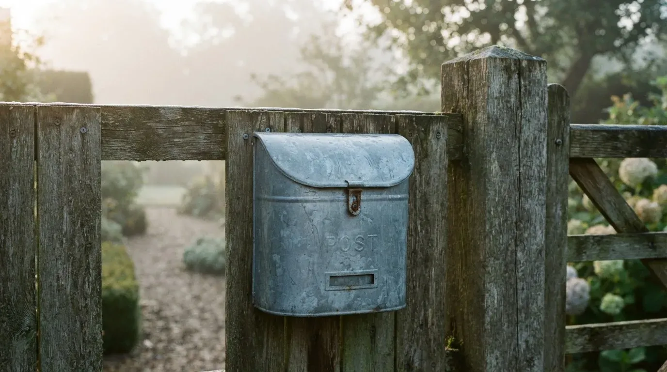 Ein Briefkasten aus Metall hängt an einem Holzzaun, dahinter liegt ein Garten im Morgennebel.