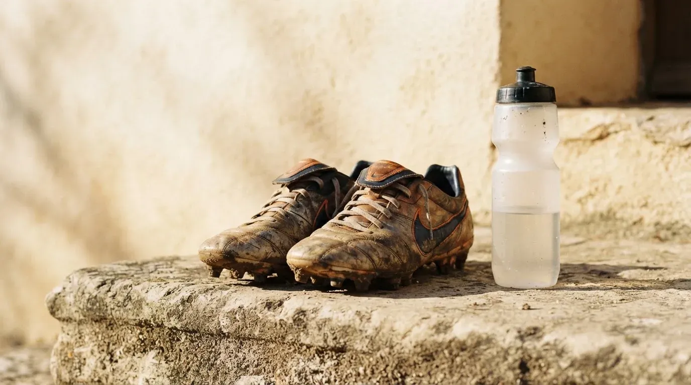 Ein Paar abgetragene Fussballschuhe steht neben einer Wasserflasche auf einer Treppenstufe im Sonnenlicht.