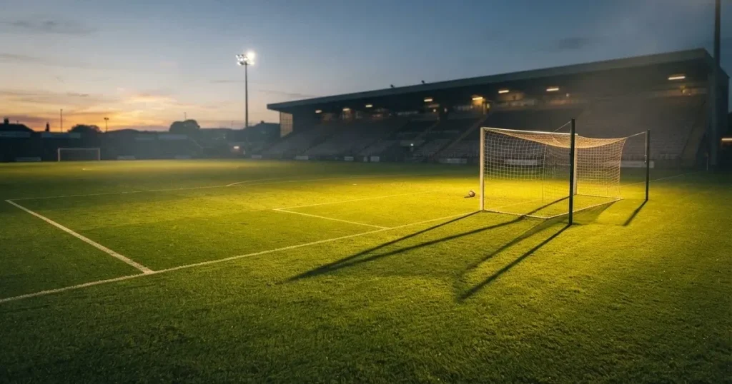 Ein Fussballplatz im Abendlicht mit langen Schatten der Torpfosten, die Rasenfläche leuchtet gelblich.