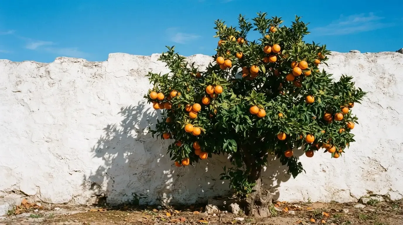 Ein Orangenbaum mit reifen Früchten wächst an einer weissen Mauer unter blauem Himmel.