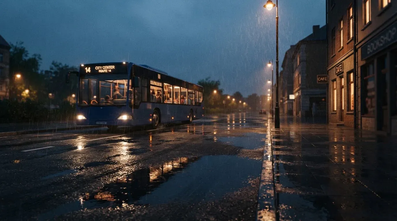 Ein Stadtbus fährt an einem regnerischen Abend durch eine Strasse mit Pfützen, die Lichter spiegeln sich im Asphalt.