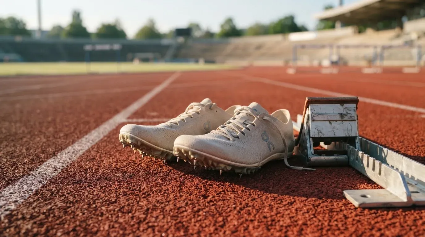 Ein Paar Laufschuhe mit Spikes liegt auf einer Tartanbahn neben einem Startblock, die Linien verlaufen in die Ferne.