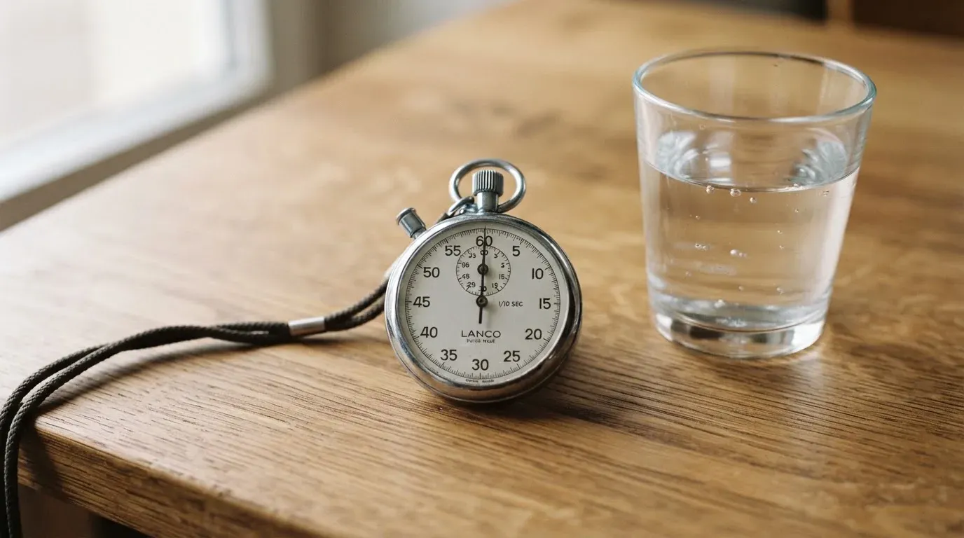 Eine Stoppuhr an einer Schnur liegt auf einem Holztisch neben einem Wasserglas, das Licht ist ruhig.