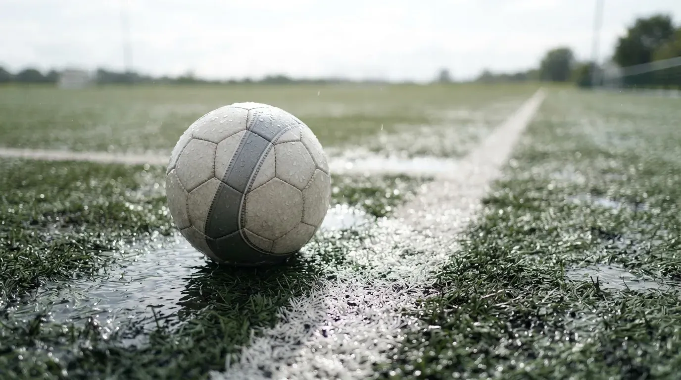 Ein Fussball liegt auf nassem Kunstrasen neben einer weissen Linie, Pfützen spiegeln den Himmel.