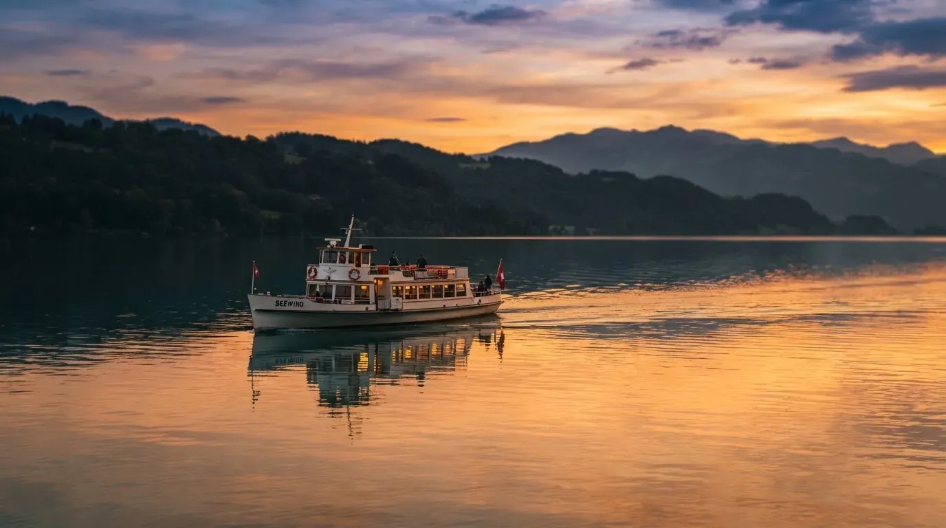 Eine Fähre gleitet bei Sonnenuntergang über einen ruhigen See, das Wasser glänzt in Orange.